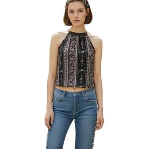 Mudd Womens Halter Top Black Pink‎ Floral Boho Lace Trim Y2K Sleeveless Blouse L